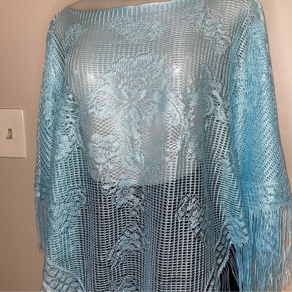 Light Blue Fringe Poncho One Size - Picture 2 of 5